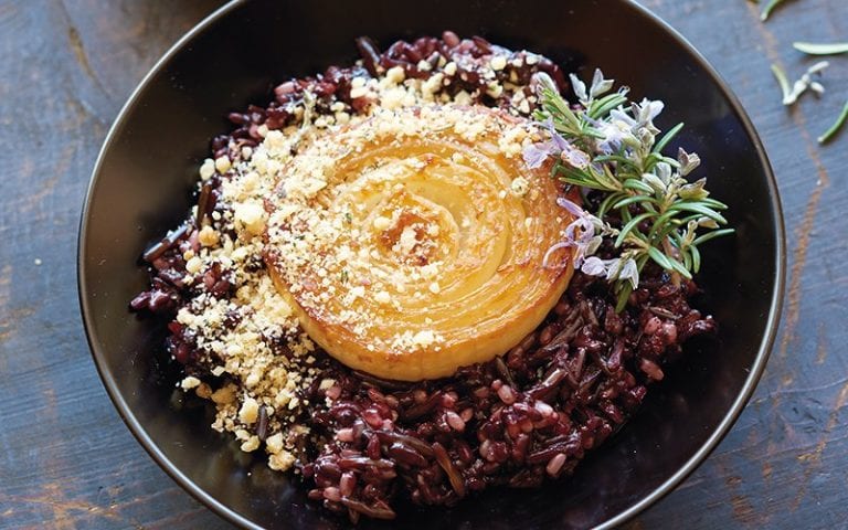 Miso onions, rice trio, with walnut, rosemary and garlic garnish ...